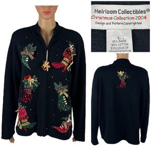 Heirloom Collectibles Christmas 2004 Womens Large Sweater Sequins Cardigan Black